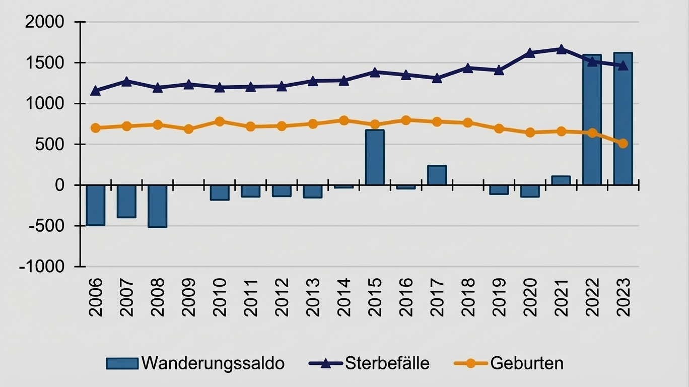 Diagramm 2006–2023: Balken für Wanderungssaldo, Linien für Sterbefälle und Geburten